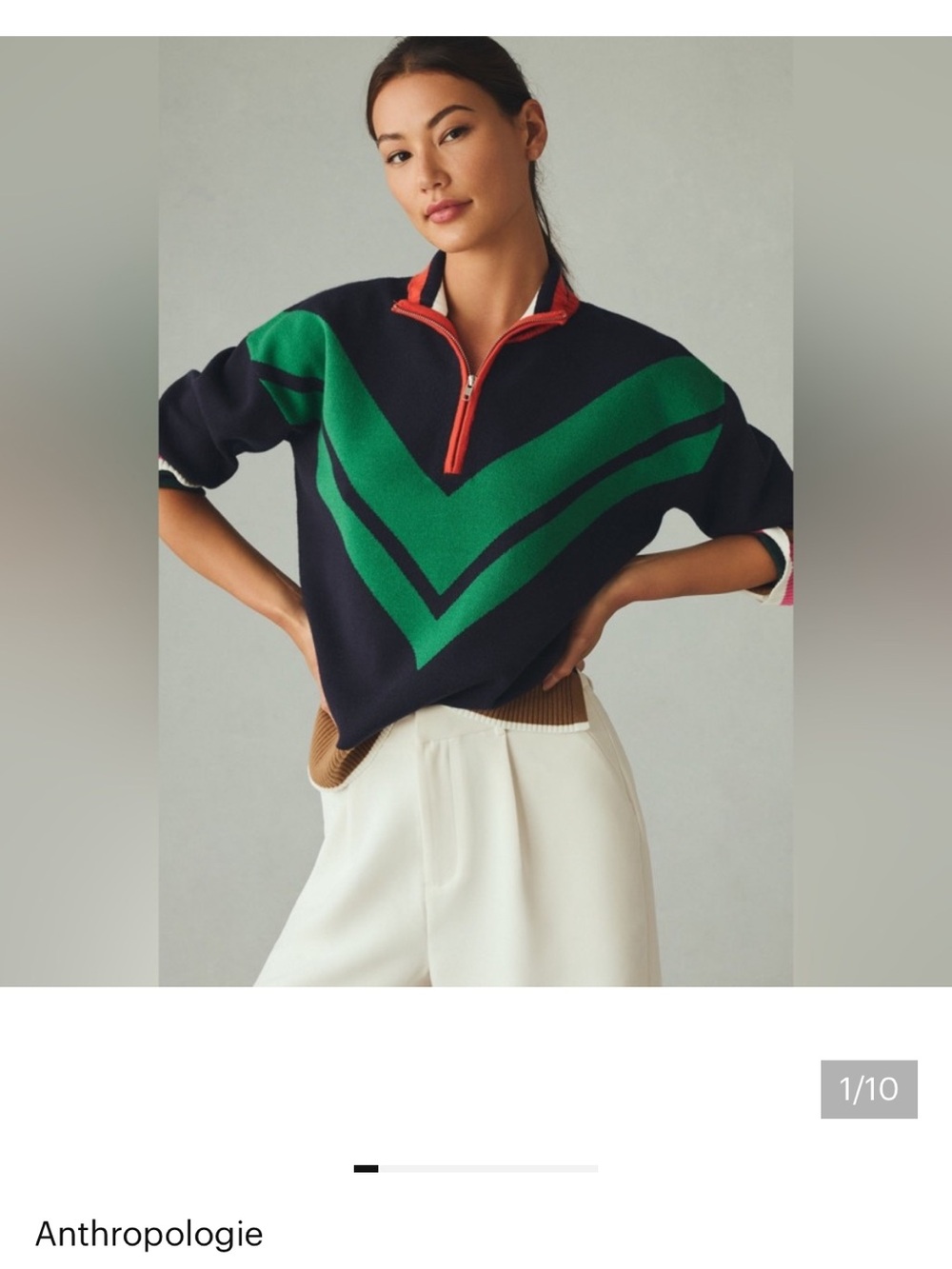 Anthropologie Maeve Navy Pullover with Green Chevron and Coral Zip